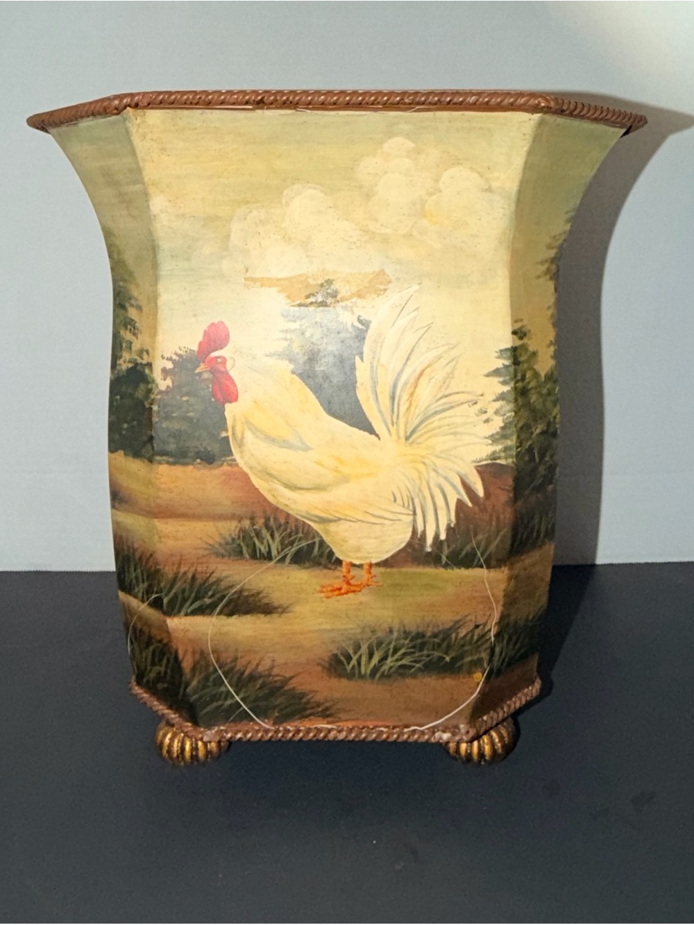 Hand-Painted Rooster Decorative Wastebasket - Yellow